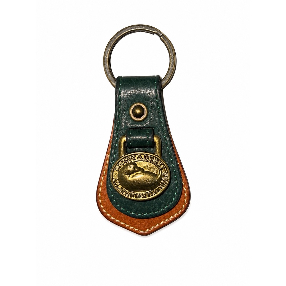 Dooney & Bourke Vintage All Weather Leather Keychain Green Tan Brass Duck Logo